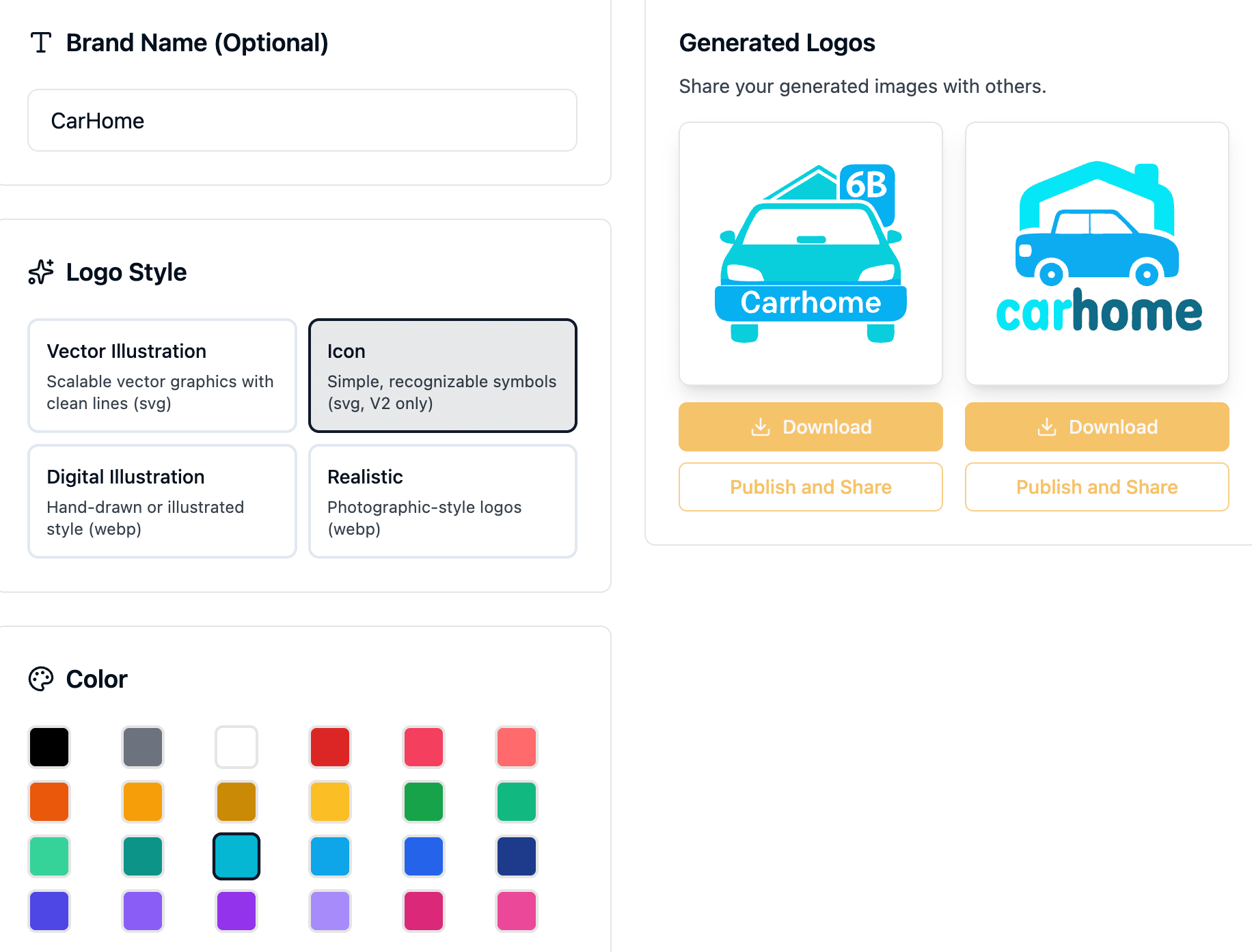 AI logo generator example showing logo creation interface with brand name, style selection, and generated logos