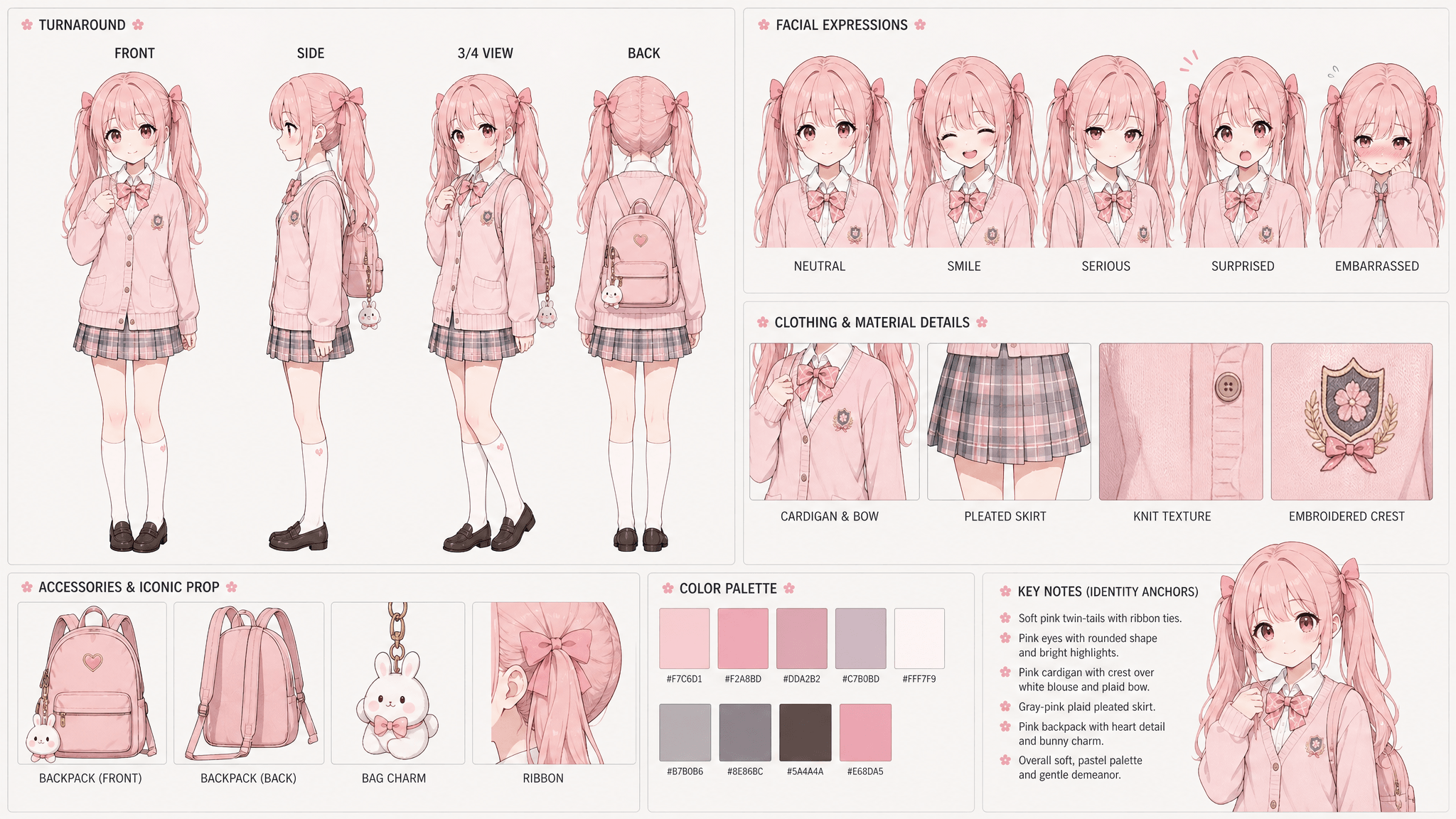 AI-generated character sheet with front, side, back, and expression views