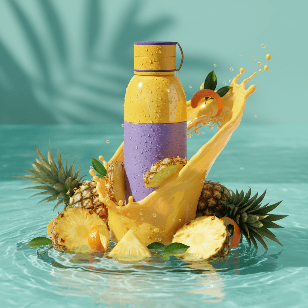 Product bottle splash example 1 - Yellow and purple bottle with pineapple and orange splash