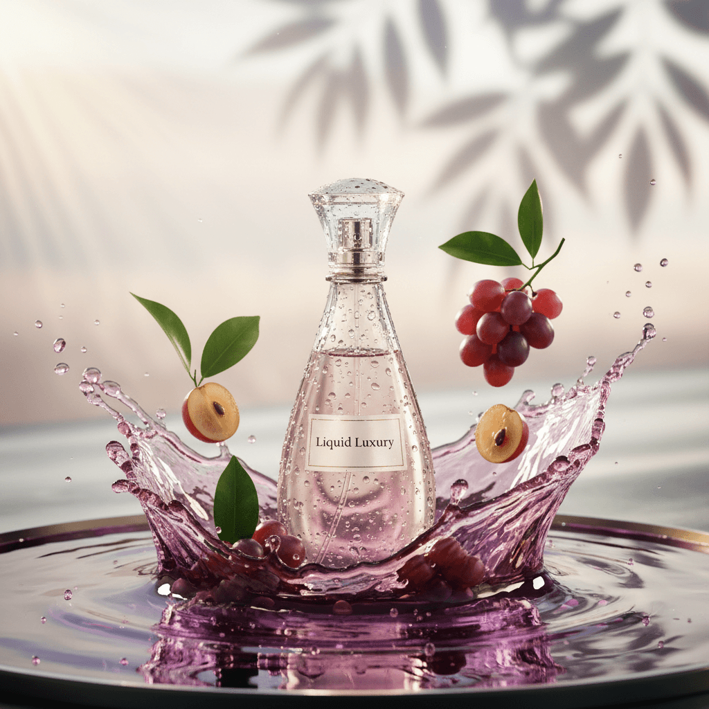 Product bottle splash example 2 - Clear glass bottle with purple liquid splash and grapes