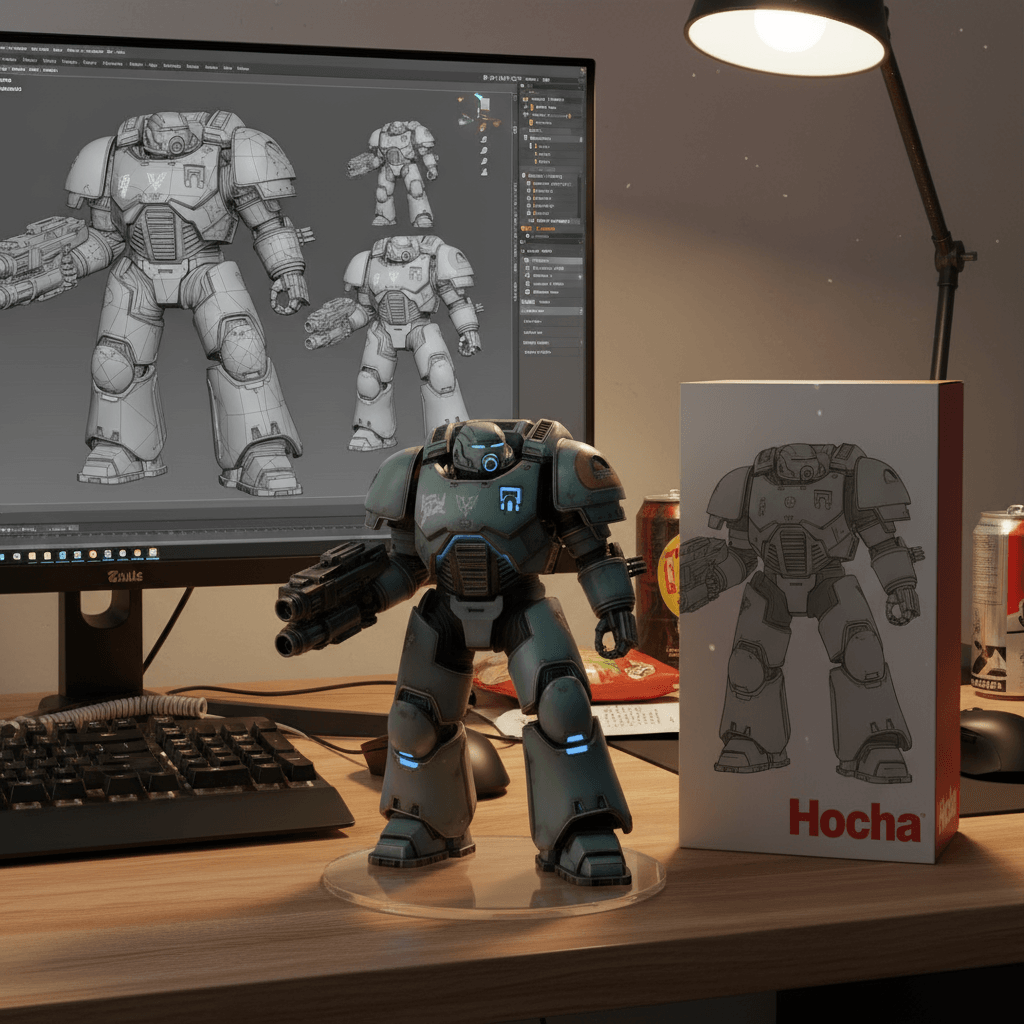 3D figure output on desk with computer and packaging